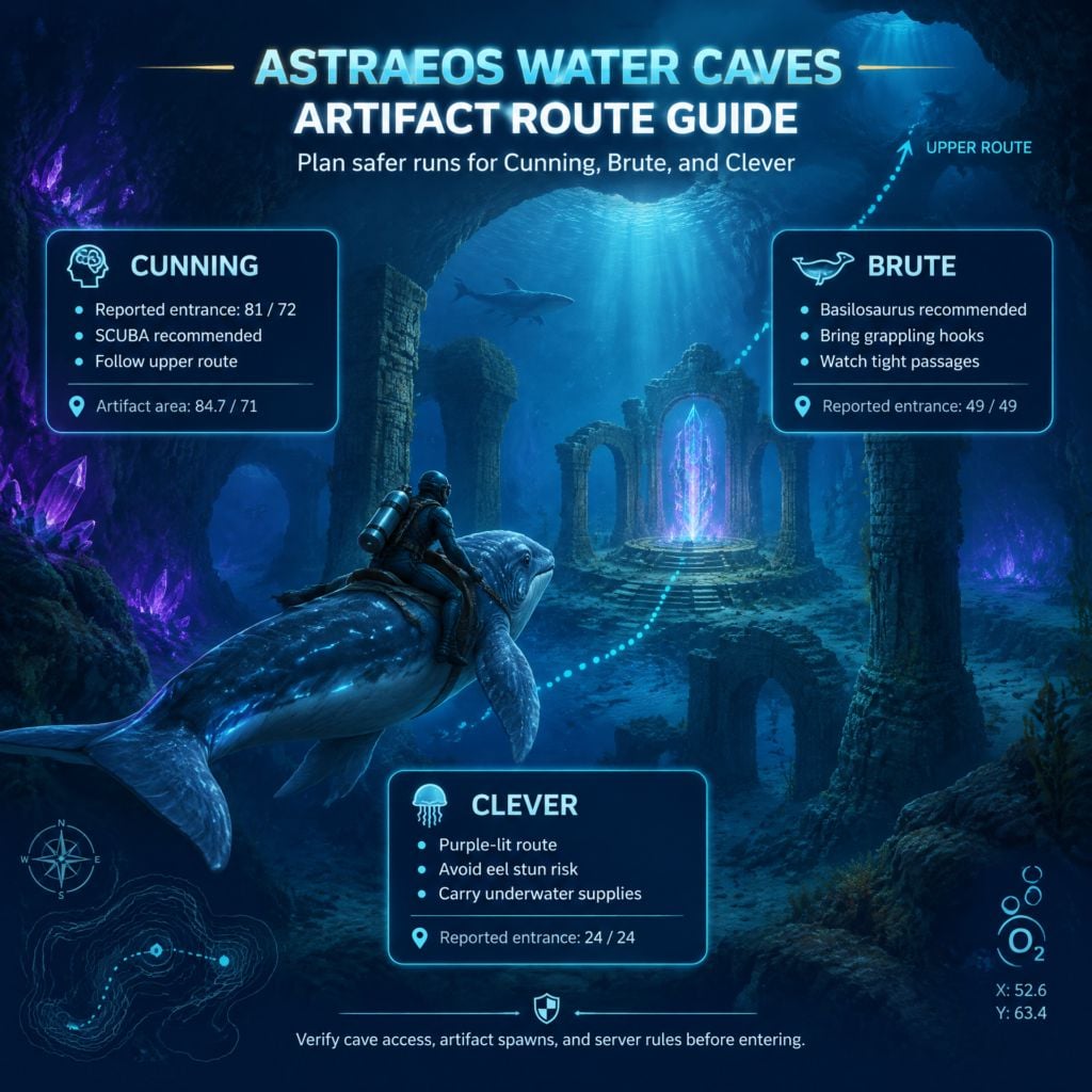 ARK Astraeos artifact run planning board with water, desert, ice, and puzzle cave gear groups ARK Astraeos artifact run planning board with water, desert, ice, and puzzle cave gear groups